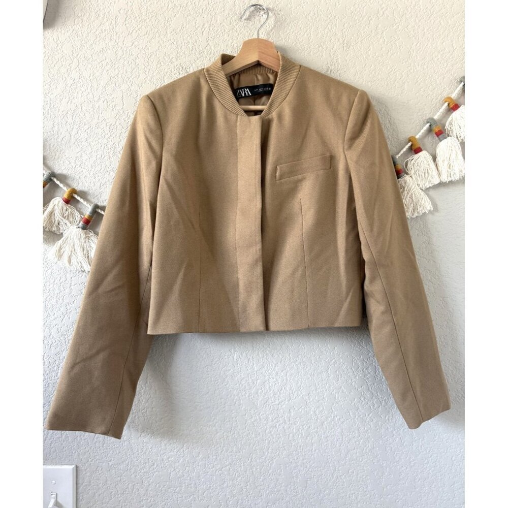 Zara Ribbed Collar Button Down Cropped Jacket Brown Minimalist Career Wear S